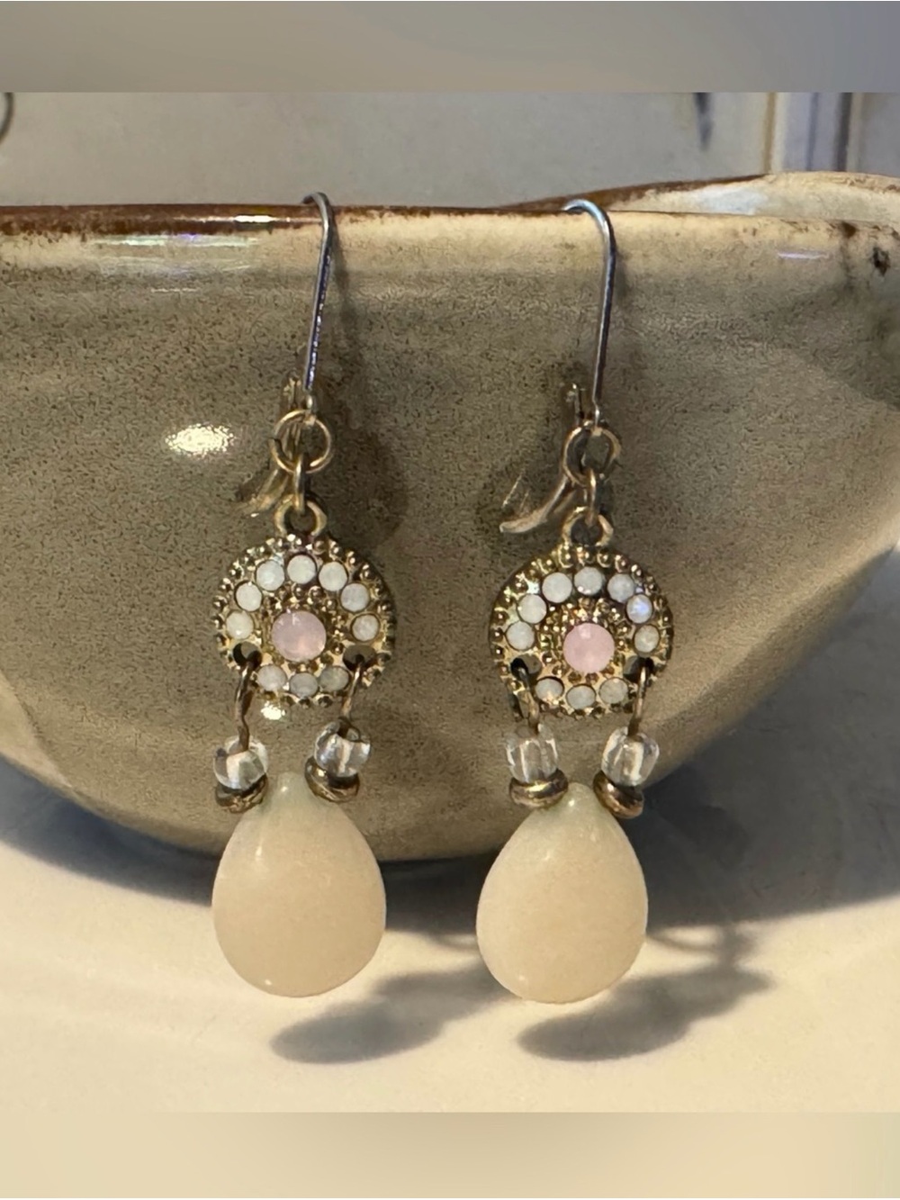 Delicate Pink Opal & Cream Teardrop Dangle Earrings